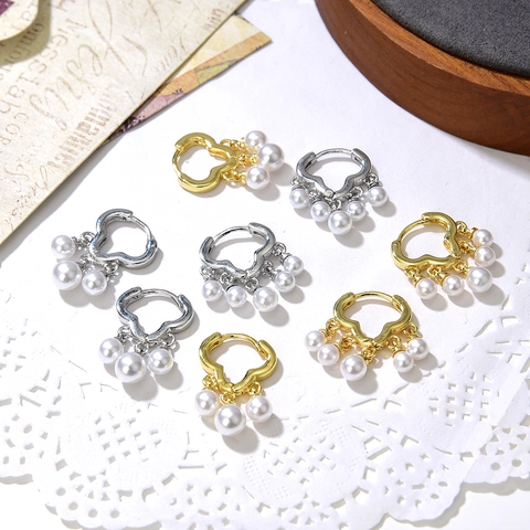 Heart Hoop Earrings Copper 18K Gold Plated With White Faux Artificial Pearls Dangle Elegant Vintage Style For Women