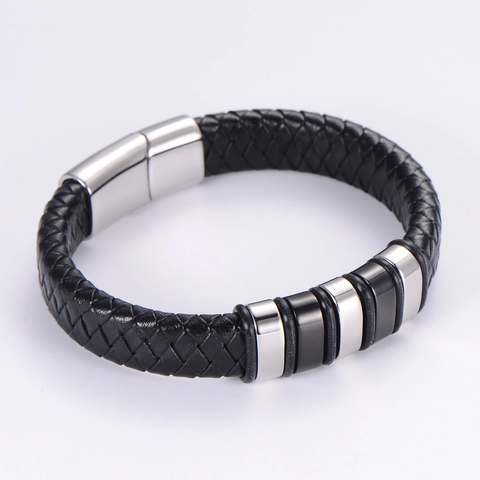 Bracciale Da Uomo In Pelle PU Intrecciata Chiusura Magnetica In Acciaio Inossidabile Gioielli Vintage Nero