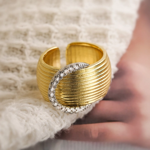 Wide Band Copper Gold Plated Cubic Zirconia Ring Crescent Moon Wave Texture Adjustable Open Statement Jewelry For Women