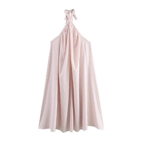 Women Halter Maxi Dress Sleeveless Striped Polyester Resort Summer Vacation Beach Loose A-Line Long Dress