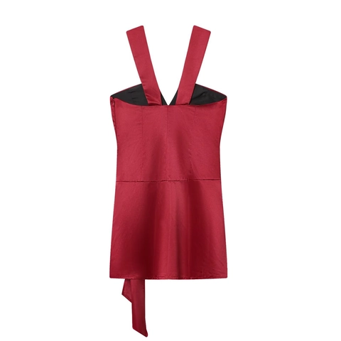 Damen Satin Mini Kleid Halter V Ausschnitt Ärmellos Taille Bindeband Elegant Weinrot Party