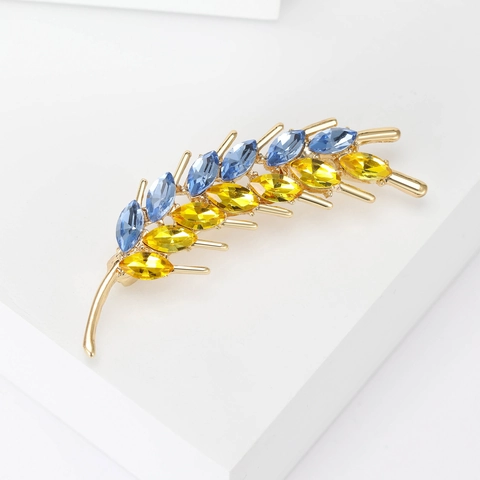 Elegante Korenaar Blad Broche Voor Dames Luxe Legering Blauw En Geel Kristal Strass Speld Voor Jurken Mode