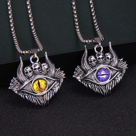 Gothic Evil Eye Pendant Necklace With Stainless Steel Chain Skull Design Punk Jewelry For Men Women
