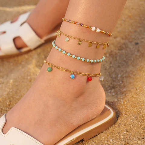 Boheemse Strand Enkelbandje Titanium Staal 18K Verguld Met Natuursteen Kunstparel Schelp Kleurrijke Kralen Verstellbare Zomersieraden