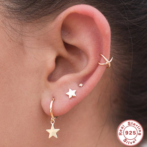 Luxe 925 Sterling Zilveren Oorbellen Set Verguld Blauwe Strass Ster Oorknopjes Kroon Ear Cuffs Voor Dames Sieraden