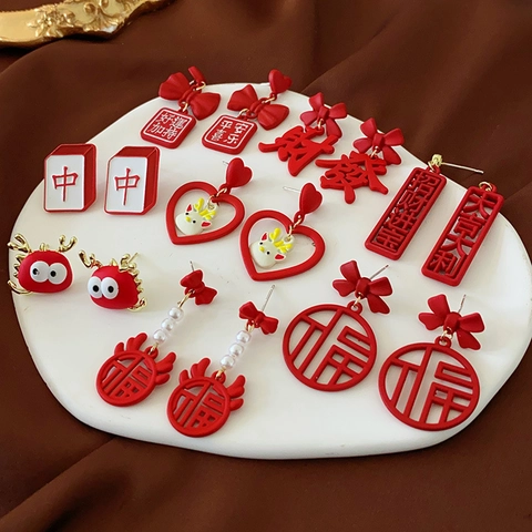 Red Festive Earrings With Silver Earring Post Alloy Chinese New Year Bow Knot Tassel Lucky Character For Women