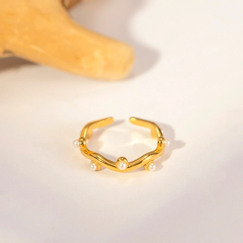 Wavy Artificial Pearl Ring Stainless Steel 18K Gold Plated Open Adjustable Geometric French Vintage Style Aesthetic Jewelry For Women