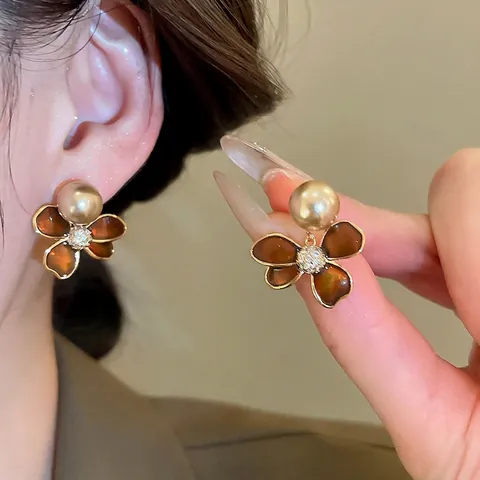 Vintage Flower Artificial Pearl Earrings For Women With 925 Sterling Silver Earring Post Zircon Inlaid Enamel Petals Elegant Jewelry