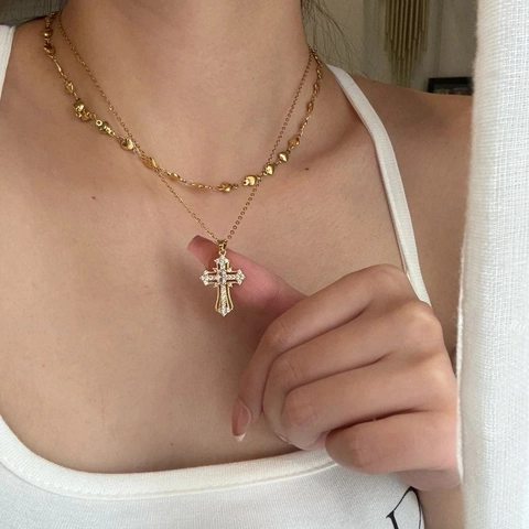 Mode Kupfer Vergoldet Kreuz Anhänger Halskette Luxus Edelstahl Kette Zirkonia Eingelegt Choker Halsketten Für Herren Damen Alltag Schmuck Geschenk