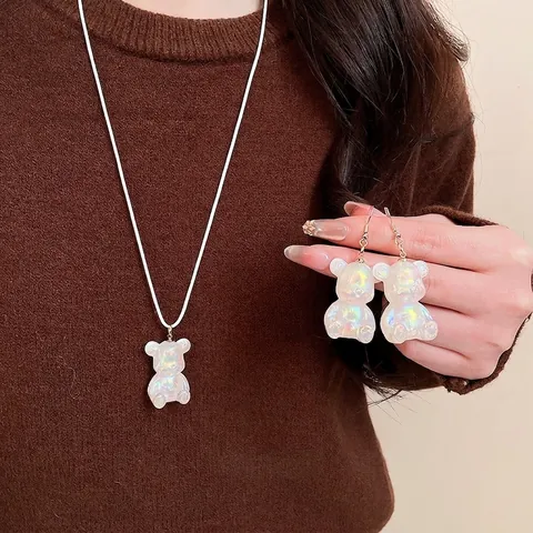 Set Gioielli Orso Resina Iridescente Collana Cartone Animato E Orecchini Gancio Per Donna Carino Kawaii Accessorio