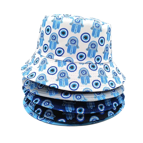 Evil Eye Hamsa Hand Vissershoed Polyester Zonbescherming Opvouwbaar Etnisch Buiten Hoed Voor Heren Dames