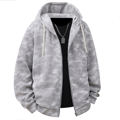 Men High Street Acid Wash Hoodie And Sweatpants Outfit Vintage Marble Tie-Dye Loose Fit Hooded Zipper Sweatshirt Casual Sporty Clothing