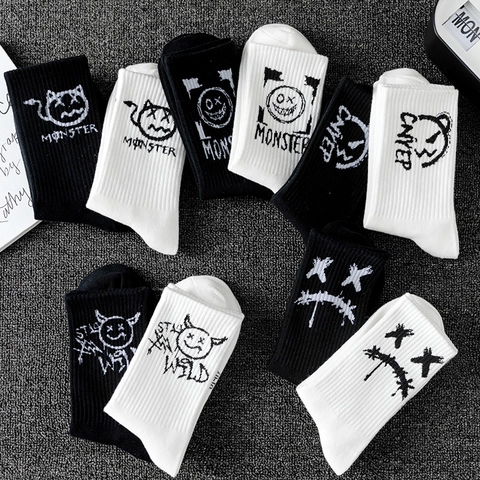 Street Style Mid Calf Crew Socks Polyester Cotton Blend Graffiti Monster Devil Face Unisex Basketball Sports Socks