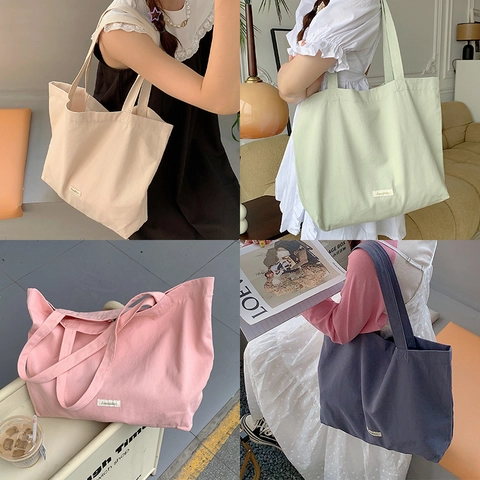 Large Capacity Canvas Tote Bag For Women Minimalist Solid Color Shoulder Bag Commuting School Handbag Magnetic Closure