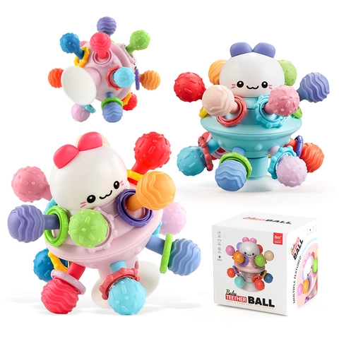 Baby Teether Ball Sensory Developmental Toy PP ABS Manhattan Rattle Multi Texture Grip Ball With Suction Cup For Infant Toddler
