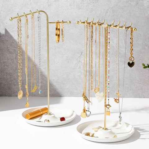 Metal T-Shaped Jewelry Display Stand With Multi Hooks And Marble Texture Tray For Necklace Earring Bracelet Organizer