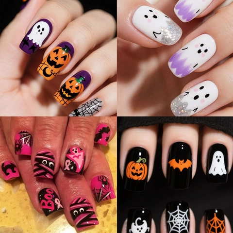 Halloween Press On Nails Pumpkin Ghost Bat Skull Spider Web Artificial Fake Nails For Party Cosplay Women