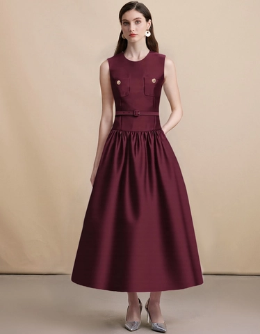 Robe Midi En Satin Sans Manches À Col Rond Rouge Vin Avec Ceinture Taille Haute Plissée Ligne A Élégant Banquet Style Français