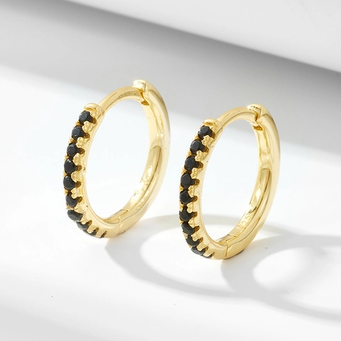 Boucles d'Oreilles Créoles en Argent Sterling 925 Minimalistes Géométriques Plaqué Or avec Strass Noirs pour Femmes Bijoux