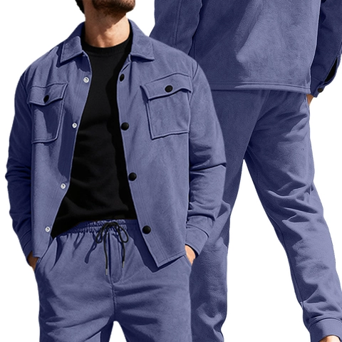Men Lapel Button Down Jacket And Drawstring Jogger Pants Suede Knitted Fabric Casual Streetwear Fashion Outerwear