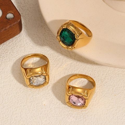 Bague En Acier Inoxydable Vintage Bande Épaisse Géométrique Plaqué Or Grand Zircon Bijoux Pour Femmes