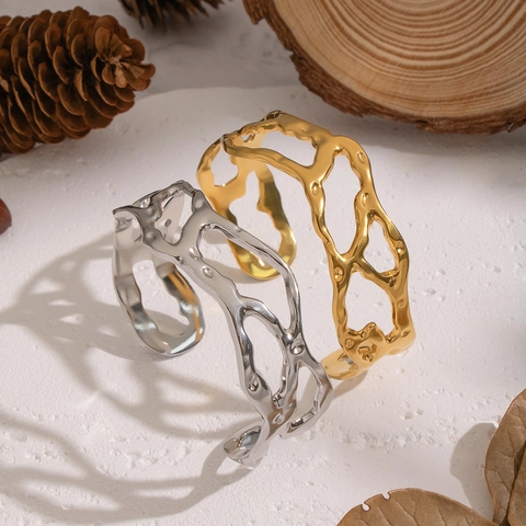 304 Stainless Steel Irregular Hollow Open Cuff Bangle Waterproof Hypoallergenic Lava Texture Artistic Jewelry For Women