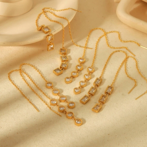Lange Doortrekoorbellen 18K Verguld Roestvrij Staal Zirkonia Kwast Geometrisch Hart Elegante Sieraden Voor Dames