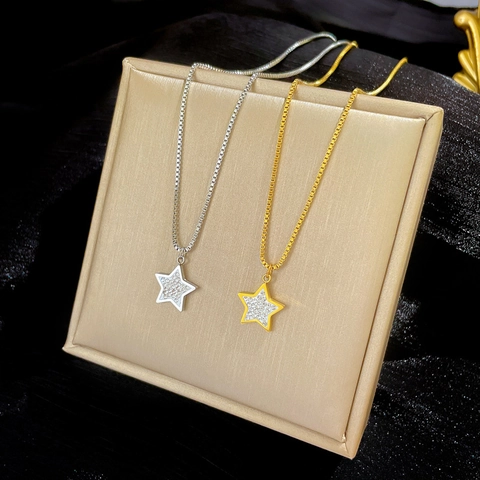 Star Shape Pendant Necklace Titanium Steel Pave Cubic Zirconia Box Chain Minimalist Jewelry For Women