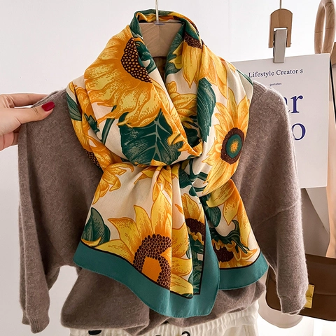 Polyester Tie-Dye Sunflower Print Scarf Women Warm Winter Shawl Fashionable Versatile Neck Wrap Decorative Fall Accessories