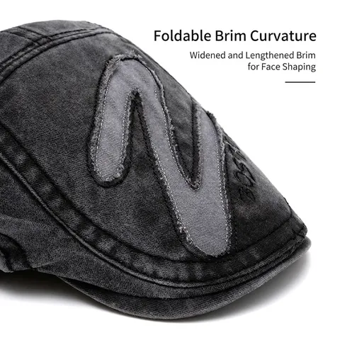 Men Retro Flat Cap Washed Cotton Denim Distressed Ripped Holes Adjustable British Style BOSTON Embroidery