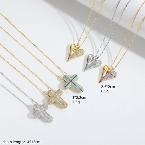 Collana Con Ciondolo In Rame Zircone Cuore Croce Elegante Versatile Gioielli Di Moda Regalo Per Donne