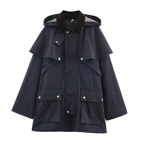 Trench Con Cappuccio Da Donna Blu Navy Colletto Velluto Fodera A Quadri Giacca Utility Casual Cerniera