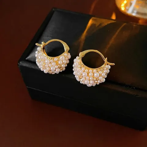 Pendientes De Aro De Perlas Artificiales Pavé Estilo Corte Francesa Con Poste De Plata Aleación Rhinestone Elegante Joyería Vintage