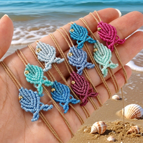 Handmade Braided Fish Bracelet Colorful Wax Rope Adjustable Macrame Jewelry For Women Beach Summer Friendship Gift