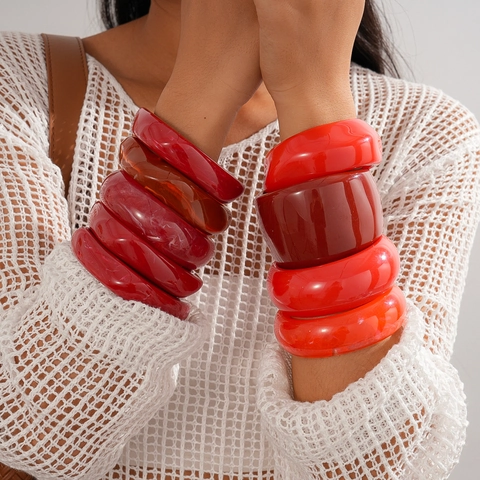 Chunky Resin Bangle Bracelet Wide Irregular Marble Pattern Red Vintage Fashion Jewelry For Women