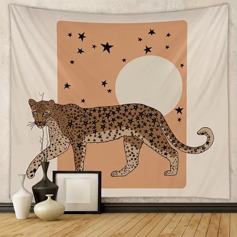 Wall Tapestry Leopard Star Moon Pattern Aesthetic Bohemian Illustration Polyester Fabric Hanging Decor For Bedroom Living Room