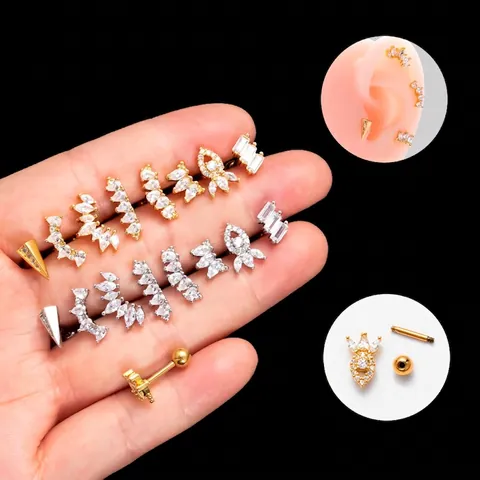 Stainless Steel Cartilage Stud Earrings Zircon Inlaid Copper Heart Geometric Screw Ball Back Piercing Jewelry For Women