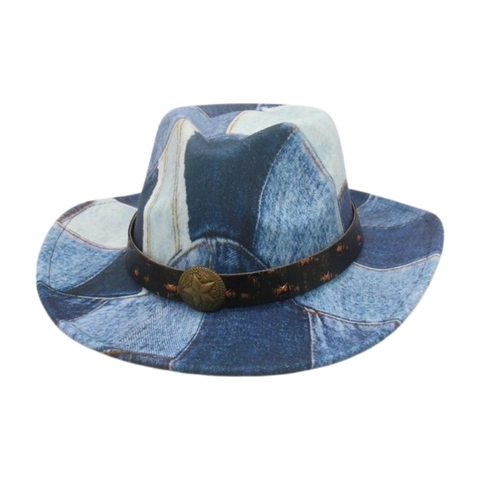 Cappello Da Cowboy In Denim Patchwork Fedora Western Vintage Con Cinturino In Pelle Fibbia A Stella Protezione Solare Unisex