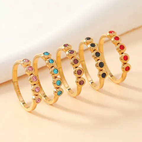 Creative Stainless Steel Ring Gold Plated 5 Colorful Rhinestone Inlaid Ring Geometric Fashion Jewelry For Women Men Gift