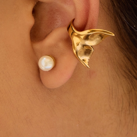 Whale Tail Ear Cuff And Artificial Pearl Stud Earrings Stainless Steel Gold Plated Non Pierced Elegant Jewelry For Women