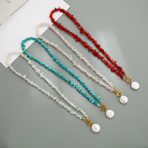 Artificial Baroque Pearl Pendant Necklace Natural Stone Chips Beaded Choker Vintage Bohemian Jewelry For Women Toggle Clasp