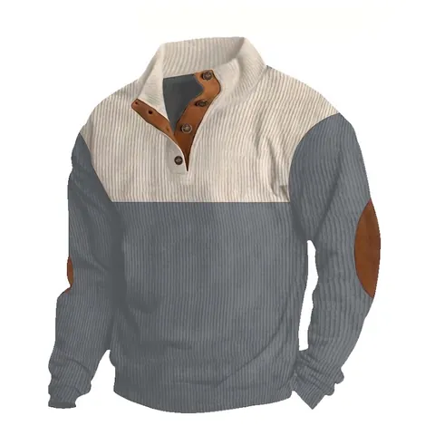 Heren Vintage Corduroy Sweatshirt Kleurblok Opstaande Kraag Knoopsgat Elleboogstukken Slim Fit Casual Pullover