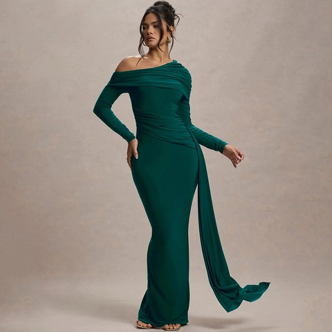 Vestito Maxi A Spalla Scoperta Maniche Lunghe Arricciato Bodycon Elegante Abito Da Sera Per Donna