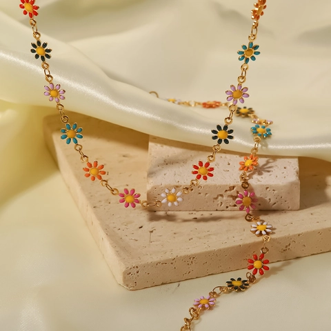 316L Stainless Steel Colorful Enamel Daisy Flower Necklace 18K Gold Plated Drip Oil Cute Korean Style Women Fashion Jewelry