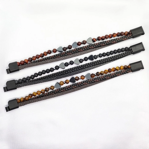 Pulsera De Cuero Trenzado Multicapa Dije De Corazón Piedra Natural Con Hebilla Magnética Joyería Retro Hombre Y Mujer