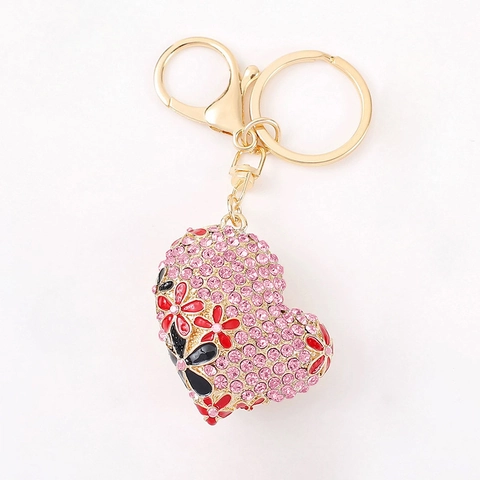 Heart Keychain Rhinestone Metal Alloy Heart Bag Charm Sparkling Flower Crown Decoration For Women Girls Gift