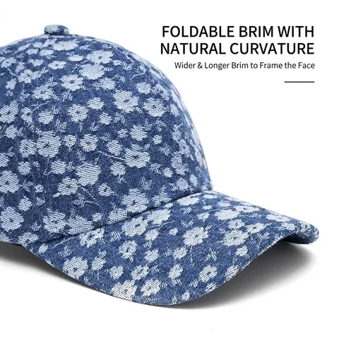 Baseball Cap Cotton Washed Denim Floral Jacquard Distressed Peaked Hat Adjustable Breathable Sun Protection For Unisex