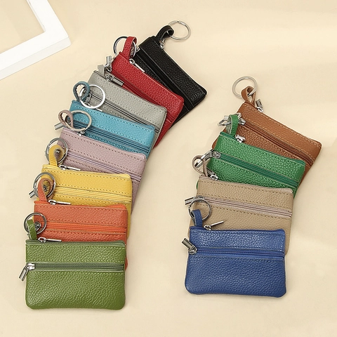 Mini Portamonete Pelle Vacchetta Martellata Doppia Cerniera Portafoglio Con Portachiavi Sottile Piccolo Porta Carte Portatile