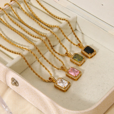 Stainless Steel Zirconia Pendant Necklace For Women 18K Gold Plated Twist Chain Rectangular Gemstone Fashion Jewelry Gift