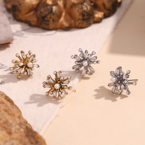 Stainless Steel Firework Star Shape Stud Earrings With Artificial Pearl And Rhinestone For Women Elegant Fashion Vintage Jewelry Gift
